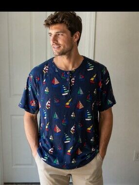 Bechamel Navy Short-Sleeve Tee with Multicolor Sailboat Print  3X
